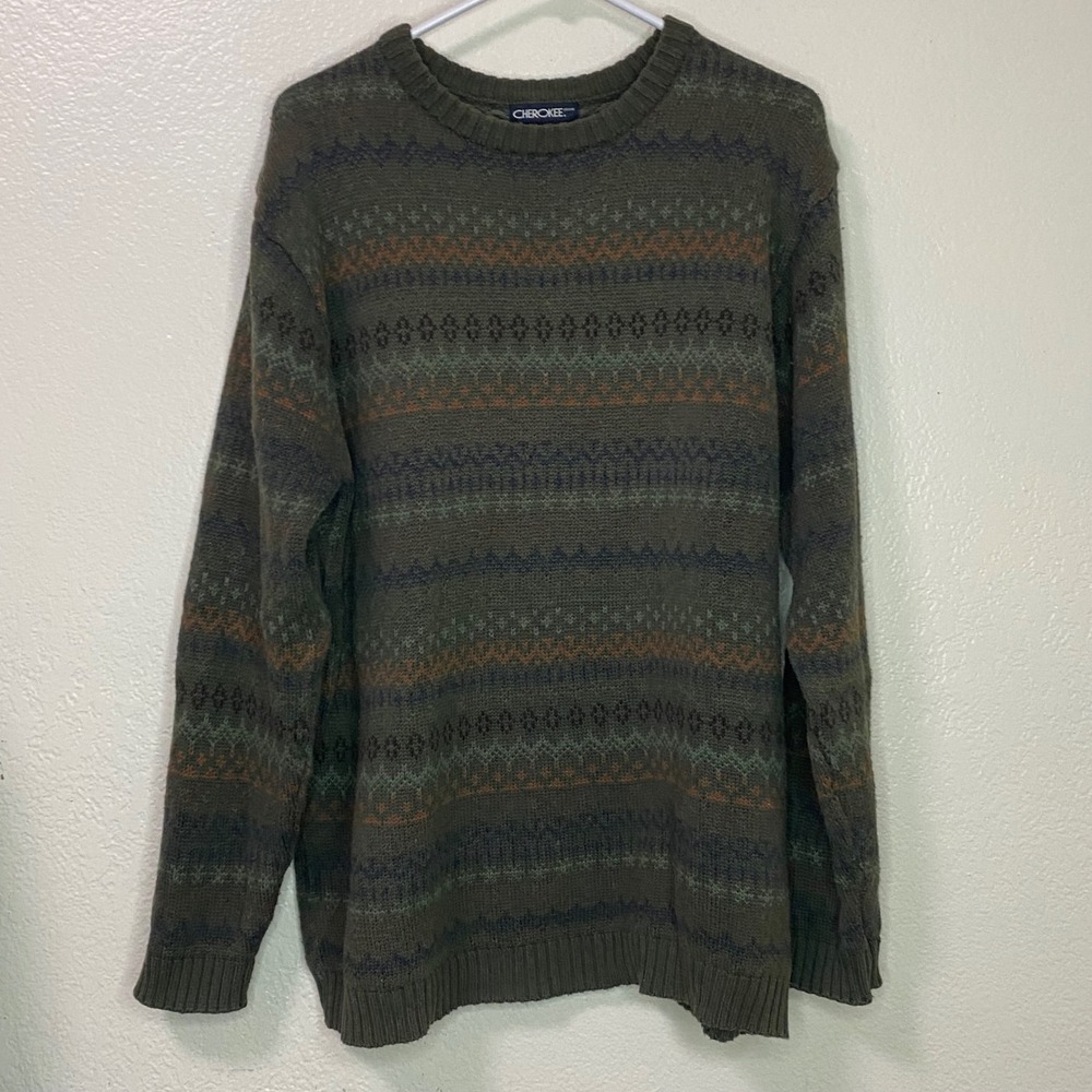 Vintage Cherokee Mens Cotton Crew Neck Fair Isle Sweater L Fisherman Chunky Knit
